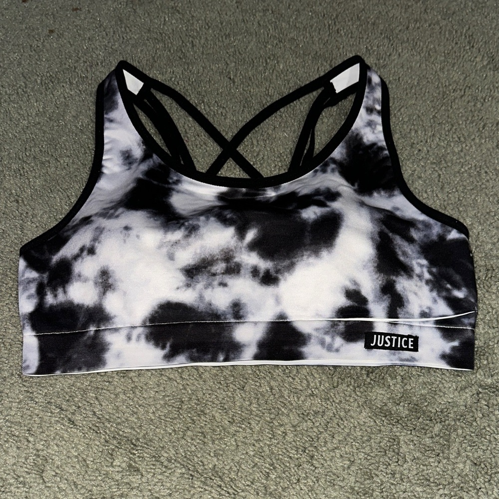 Justice Black & White Tie-Dye Crossback Sports Bra
